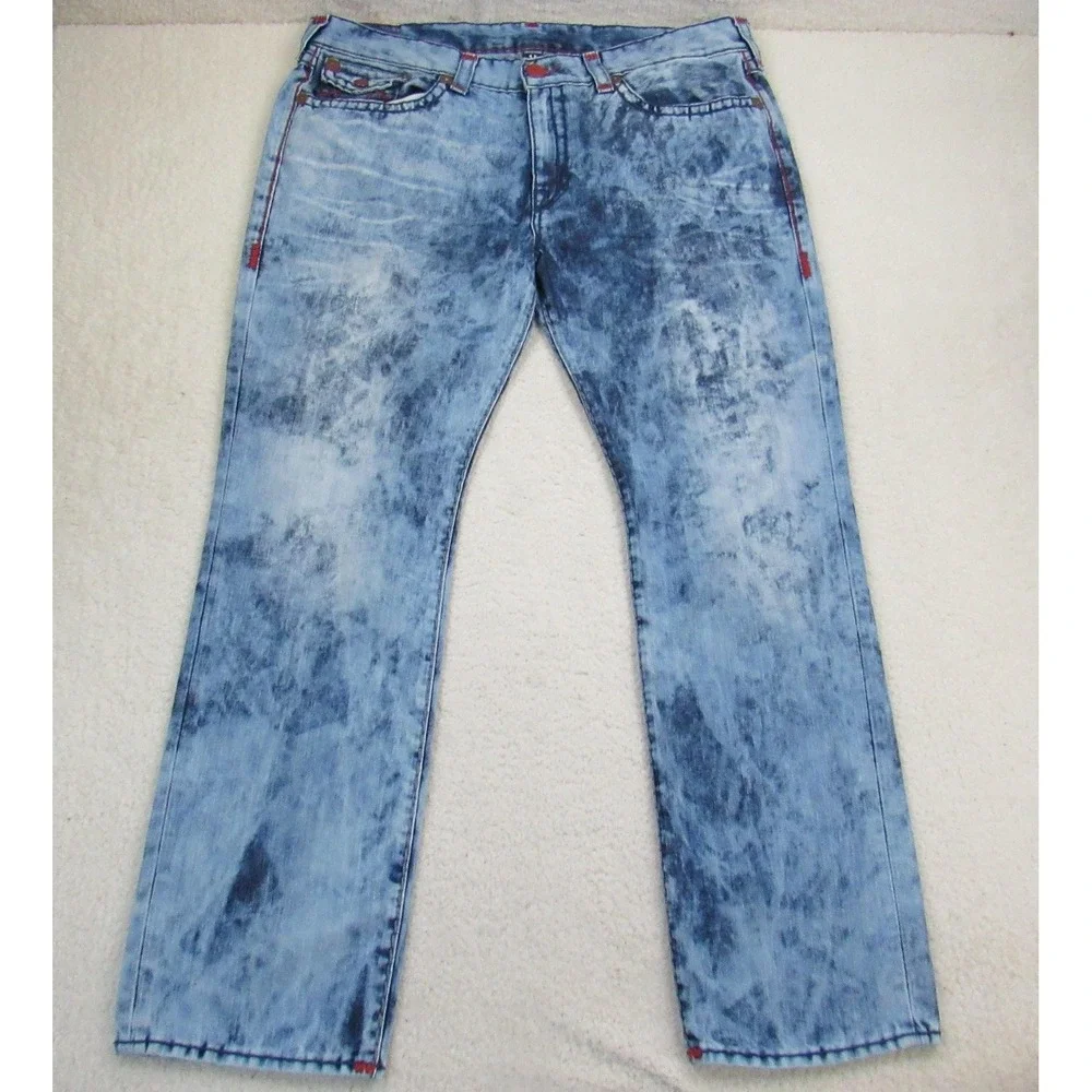 True Religion Jeans Men 42 Blue Ricky W Flap Super T Thick Red Stitch Indigo Fog